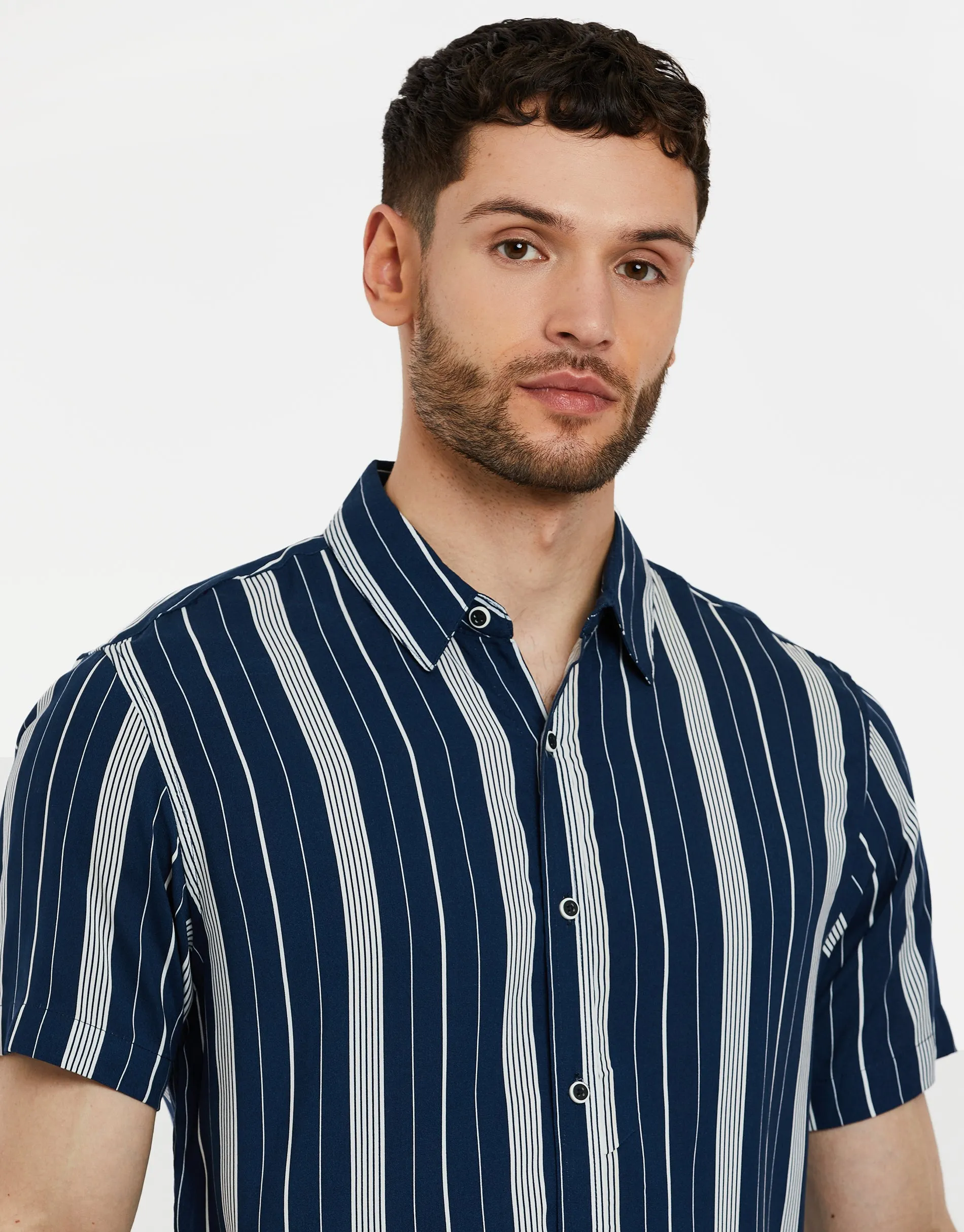 Men's Navy Striped Short Sleeve Shirt sold by Threadbare product image thumbnail 4
