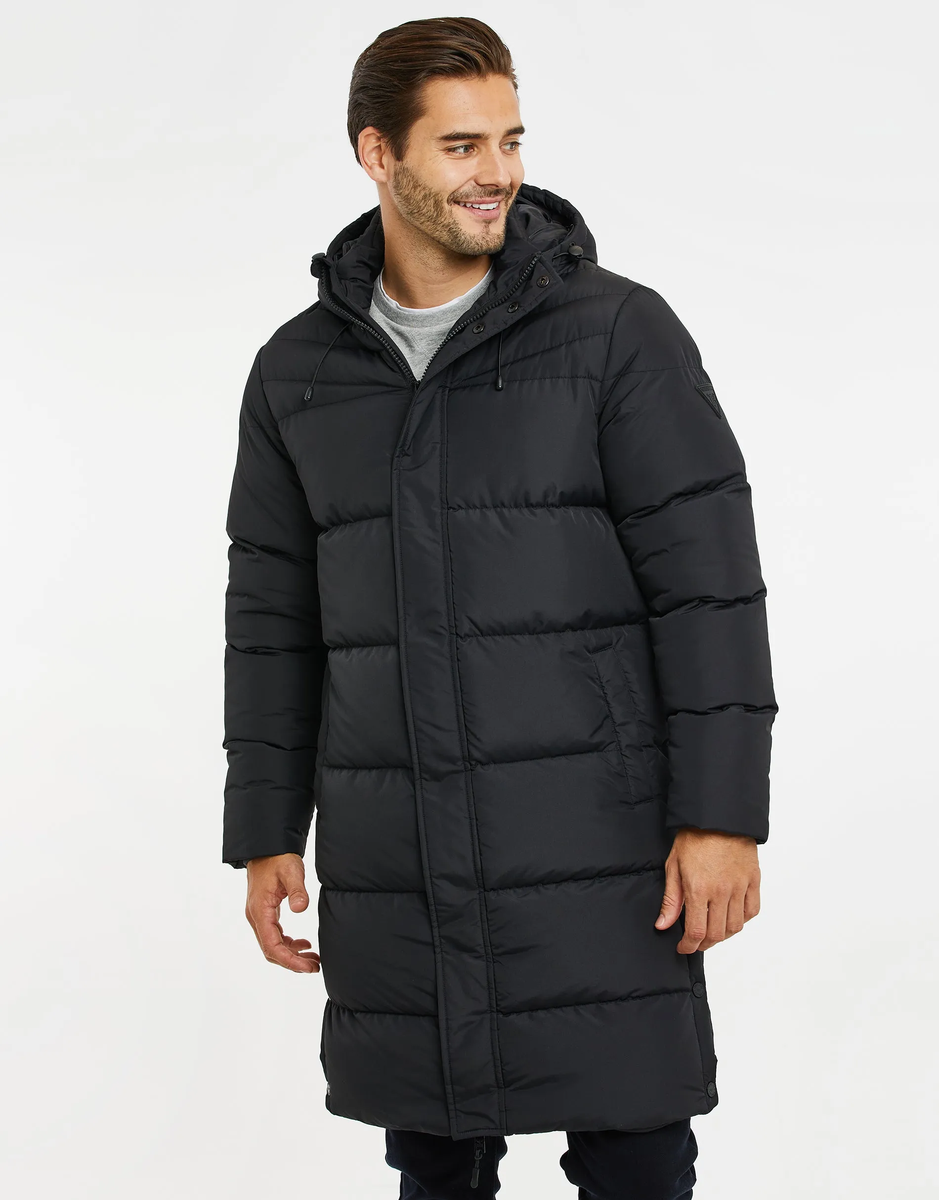 Men's Black Longline Puffer Jacket sold by Threadbare