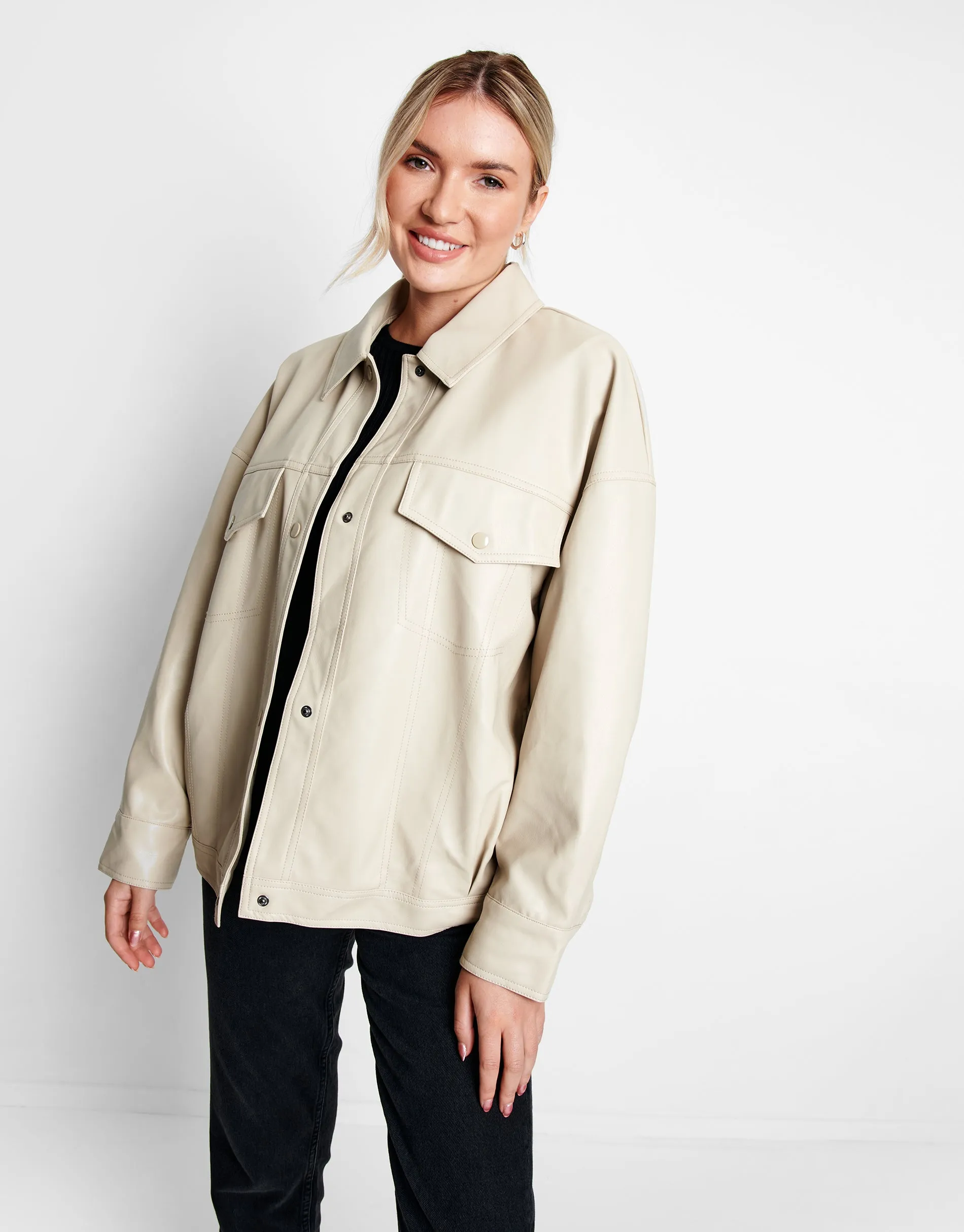 Women's White Faux Leather PU Shacket sold by Threadbare