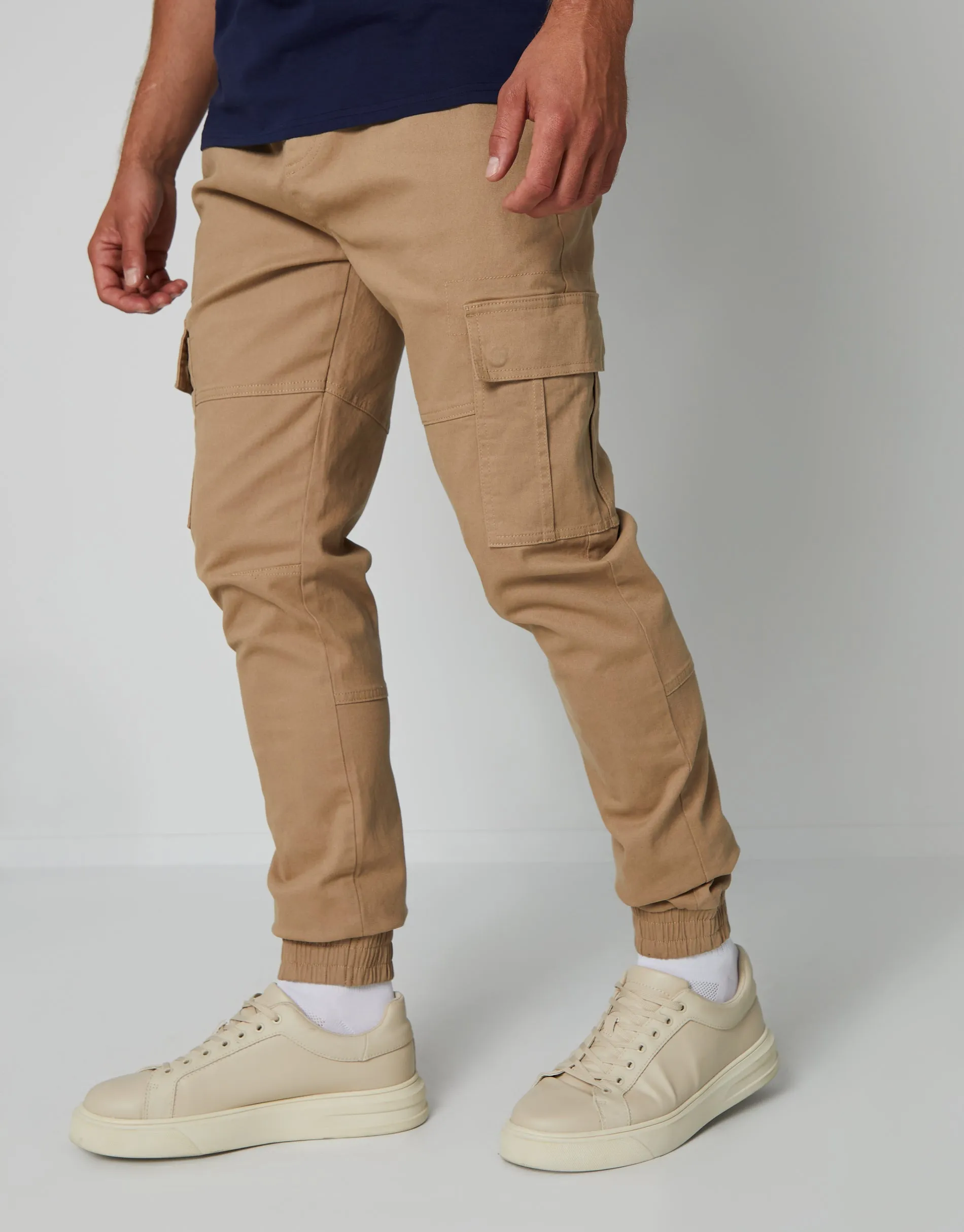 Men's Stone Slim Fit Cargo Trousers sold by Threadbare