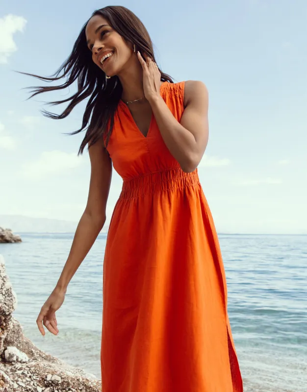 Women's Orange Linen Blend Ruched Midi Dress sold by Threadbare