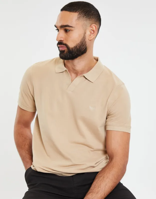 Men's Cream Open Neck Collar Polo Shirt sold by Threadbare