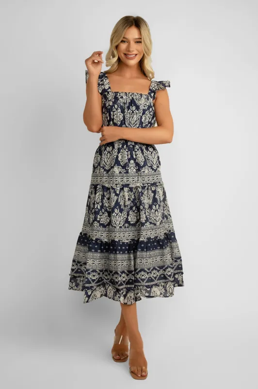 Blue Printed Midi Dress sold by Bellissima