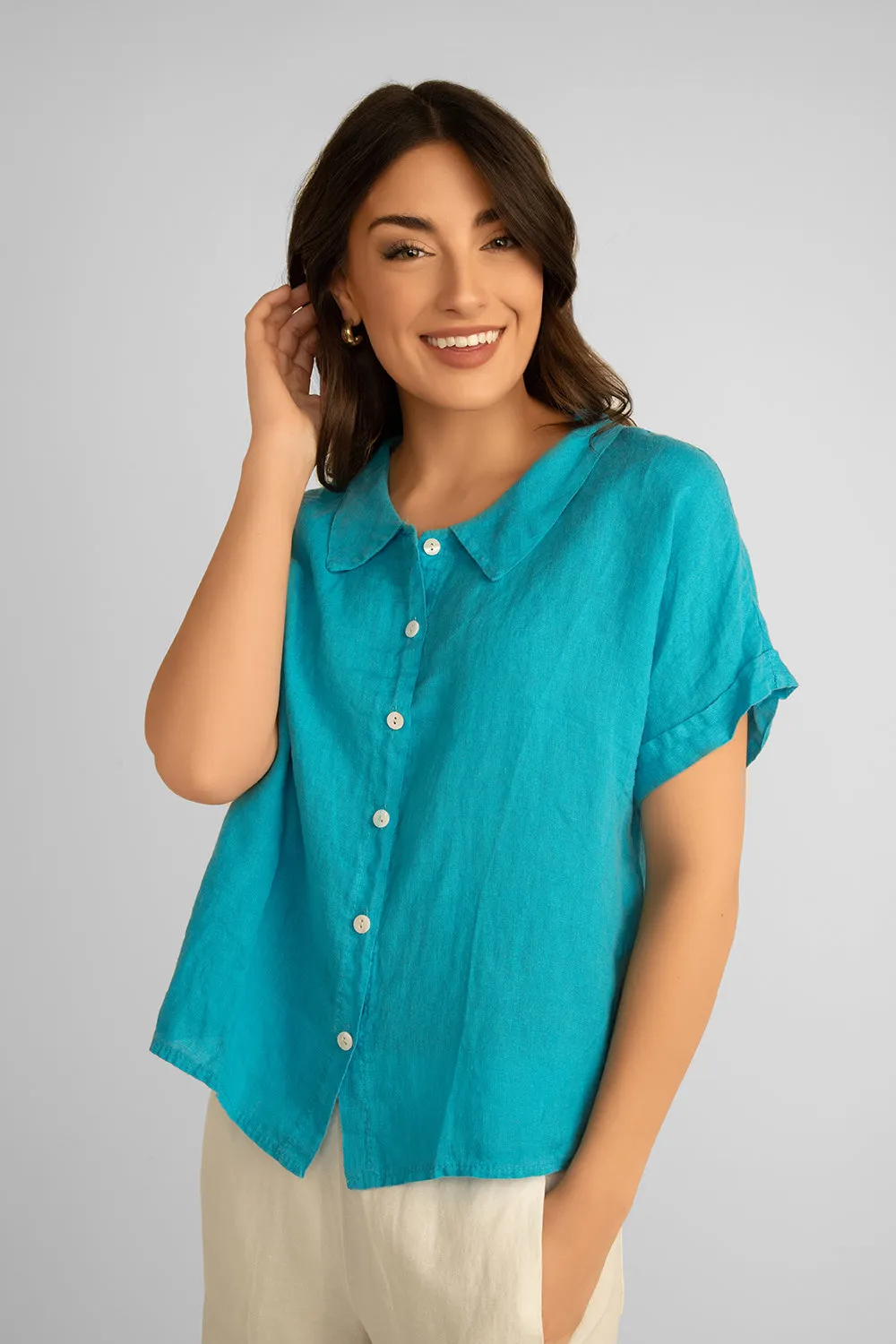 Short Sleeve Button Up Linen Shirt sold by Bellissima