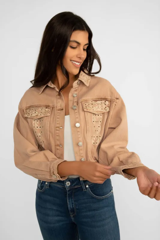 Cropped Dark Sand Jean Jacket With Embroidery sold by Bellissima
