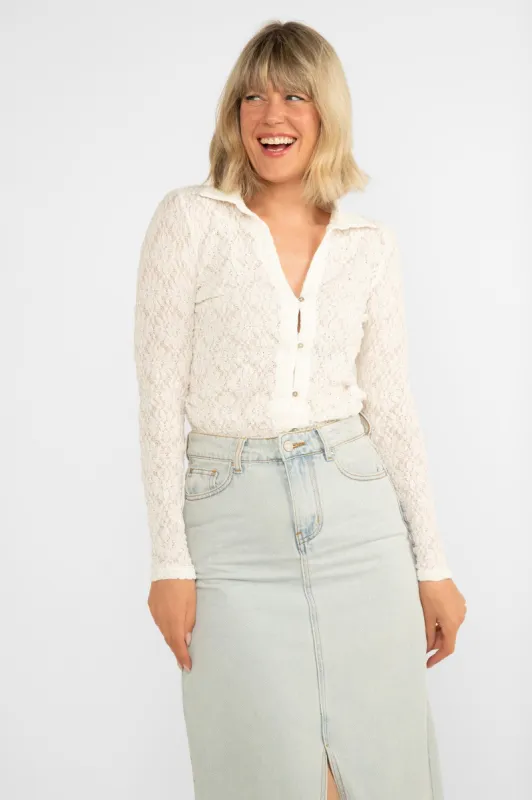 Long Sleeve Textured Button-Up Top sold by Bellissima