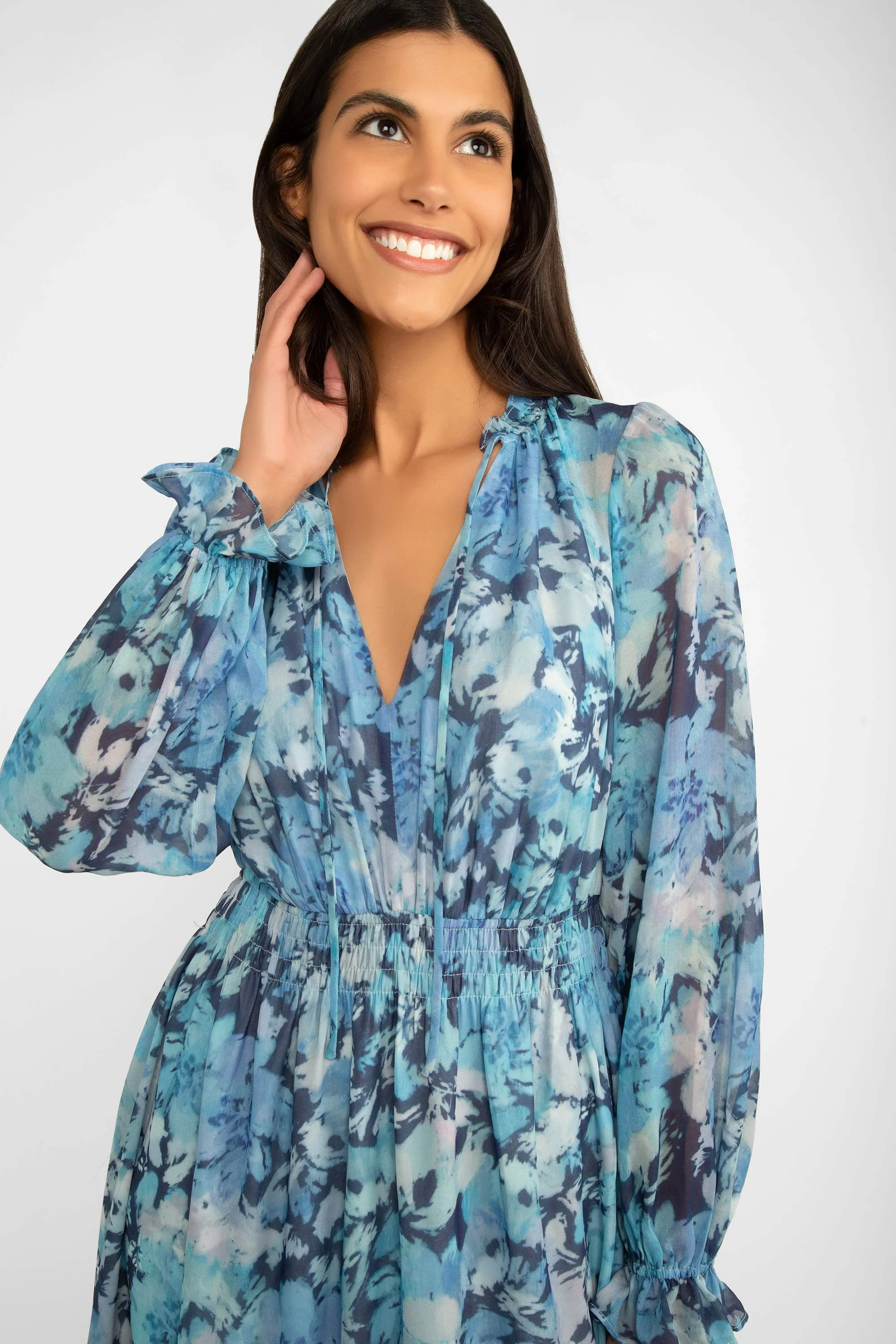 Long Sleeve Blue Printed Chiffon Dress sold by Bellissima product image thumbnail 3