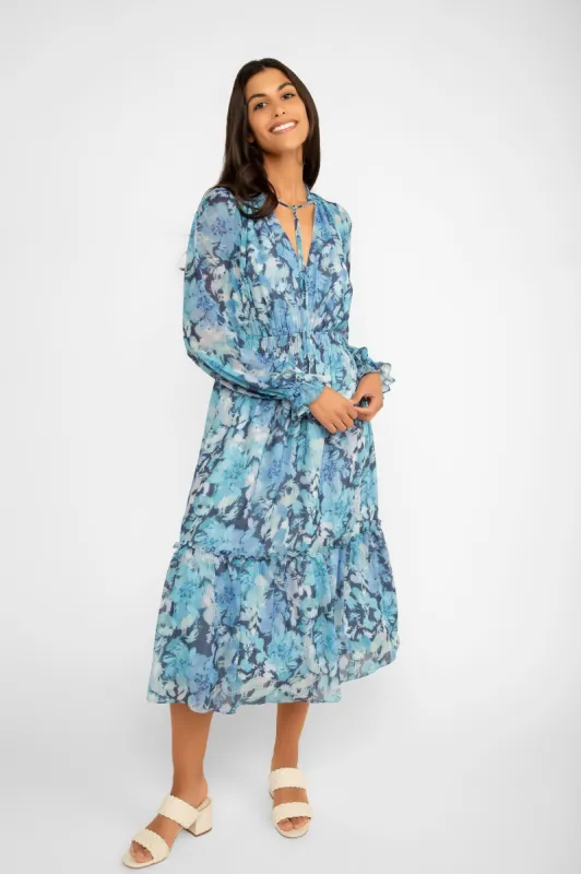 Long Sleeve Blue Printed Chiffon Dress sold by Bellissima