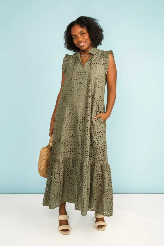 Sleeveless Khaki Eyelet Maxi Dress sold by Bellissima