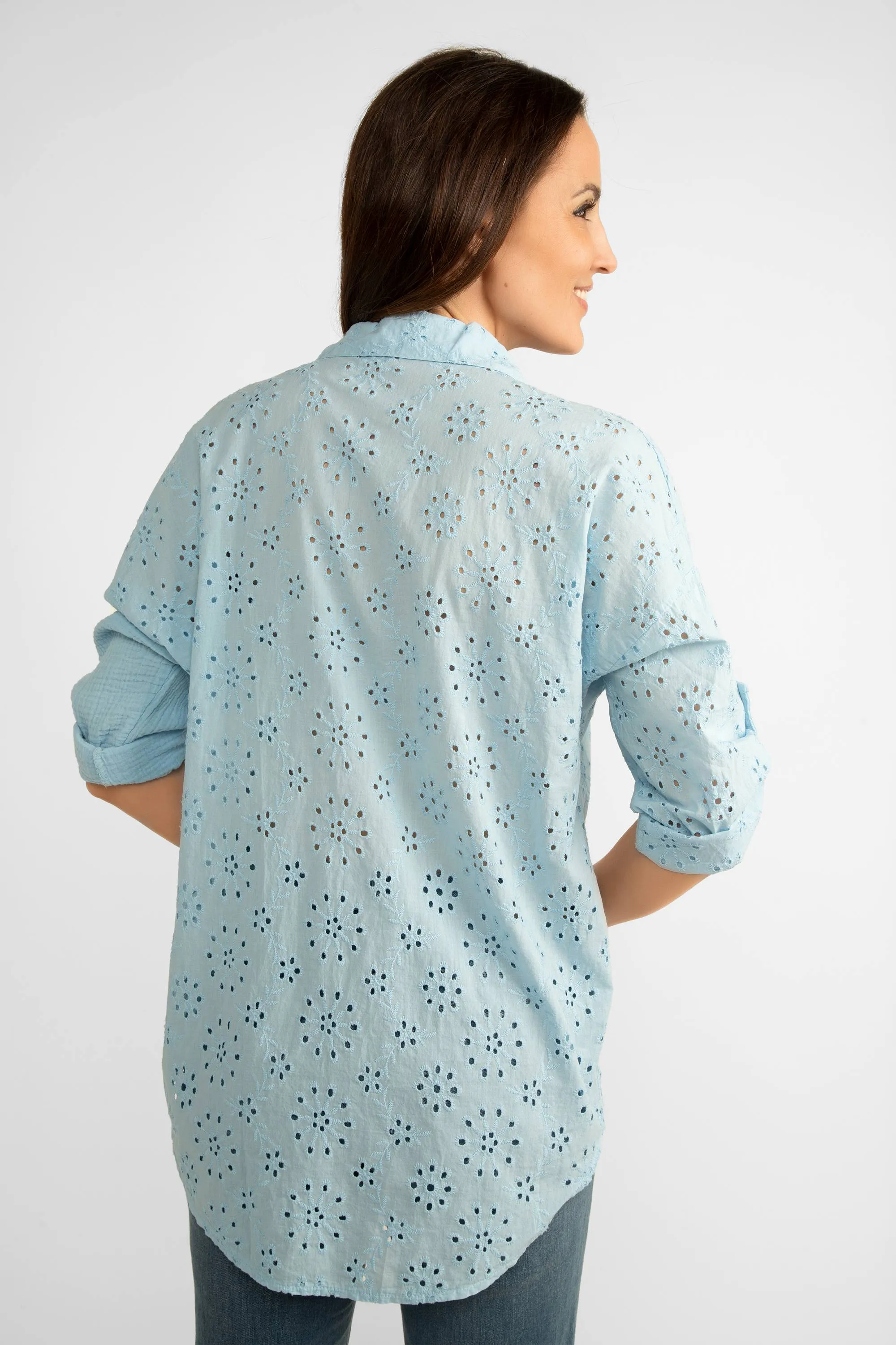 Eyelet Lace & Gauze Top With Roll Tab Sleeves sold by Bellissima product image thumbnail 5