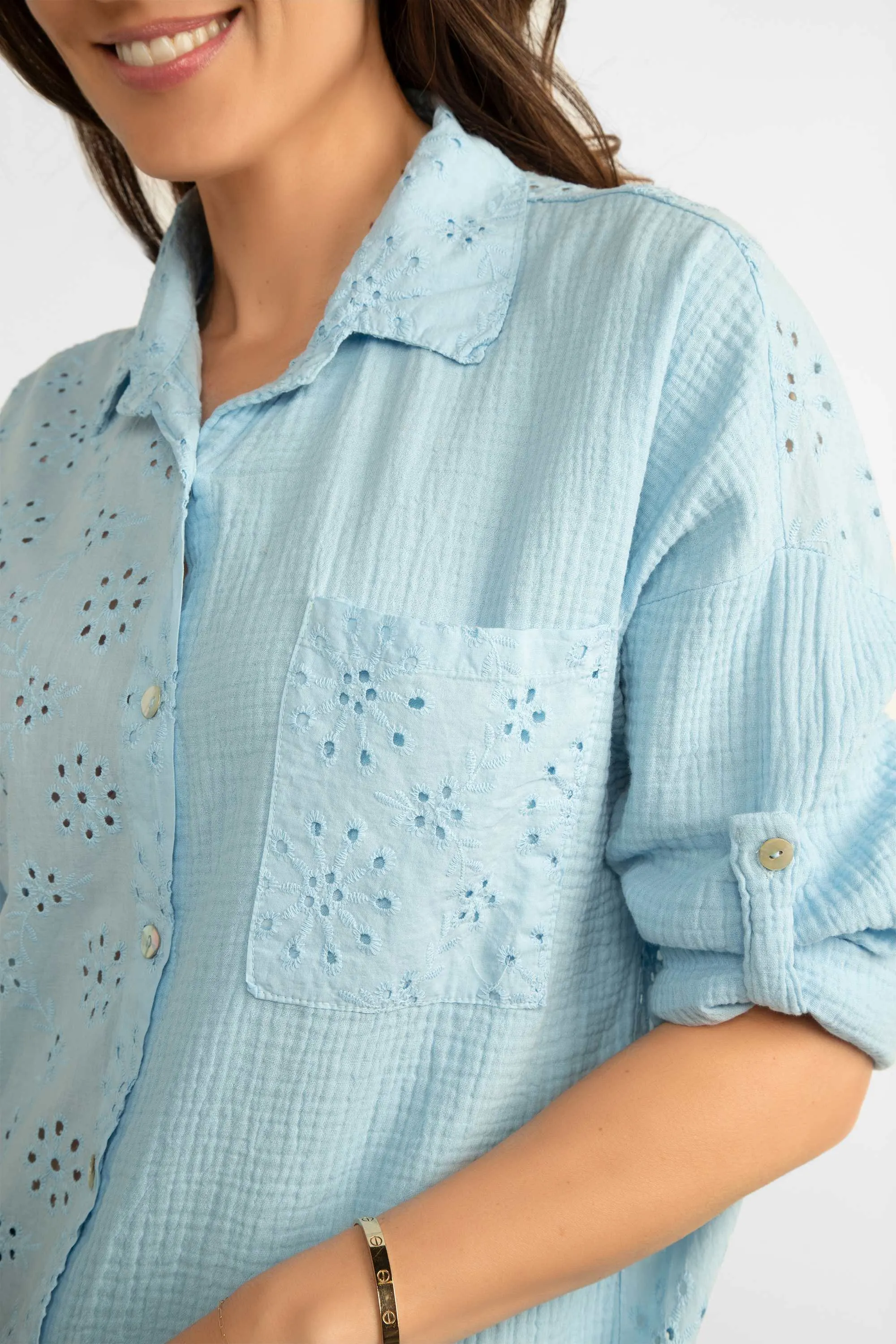 Eyelet Lace & Gauze Top With Roll Tab Sleeves sold by Bellissima product image thumbnail 2