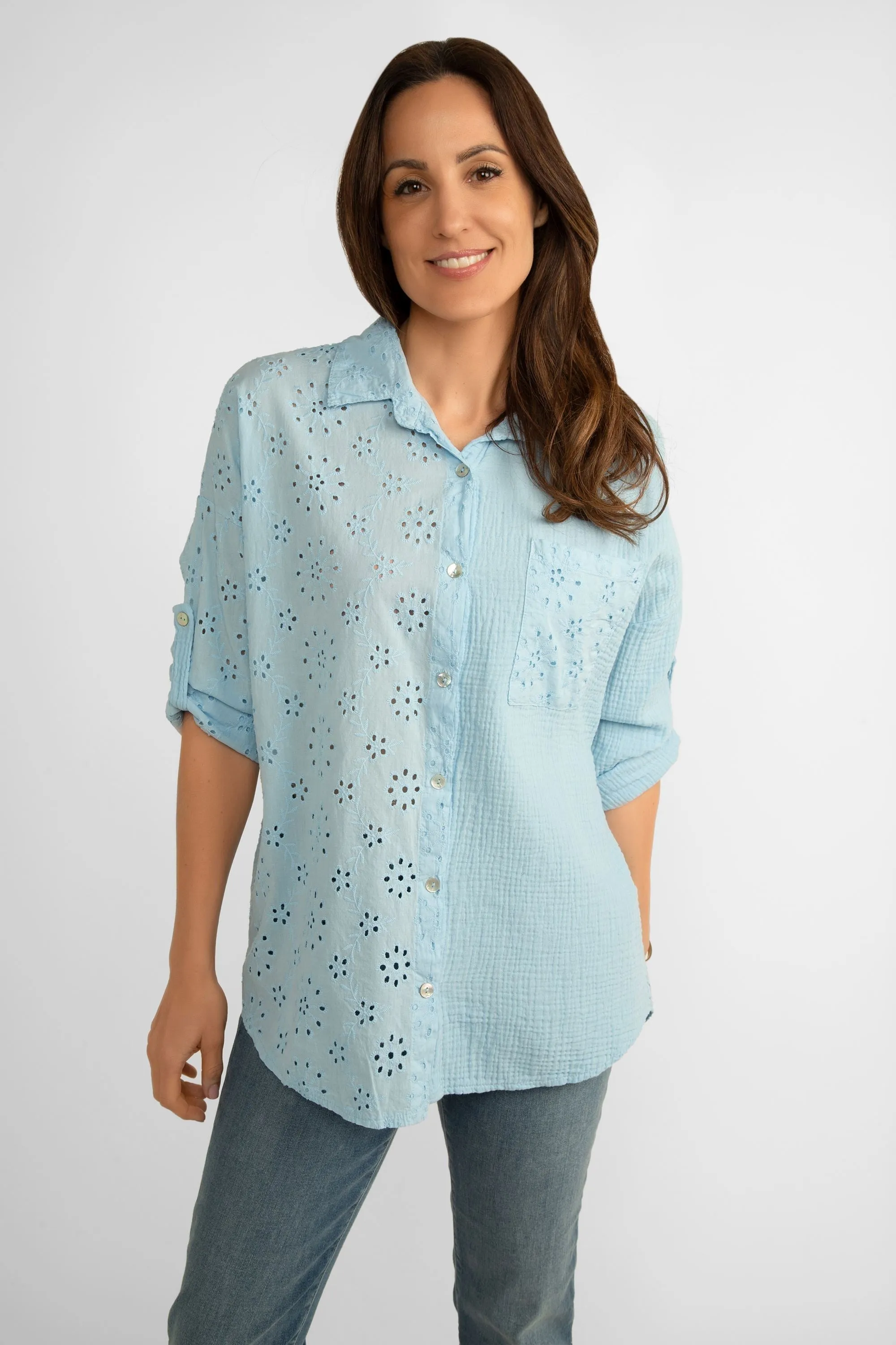 Eyelet Lace & Gauze Top With Roll Tab Sleeves sold by Bellissima product image thumbnail 3