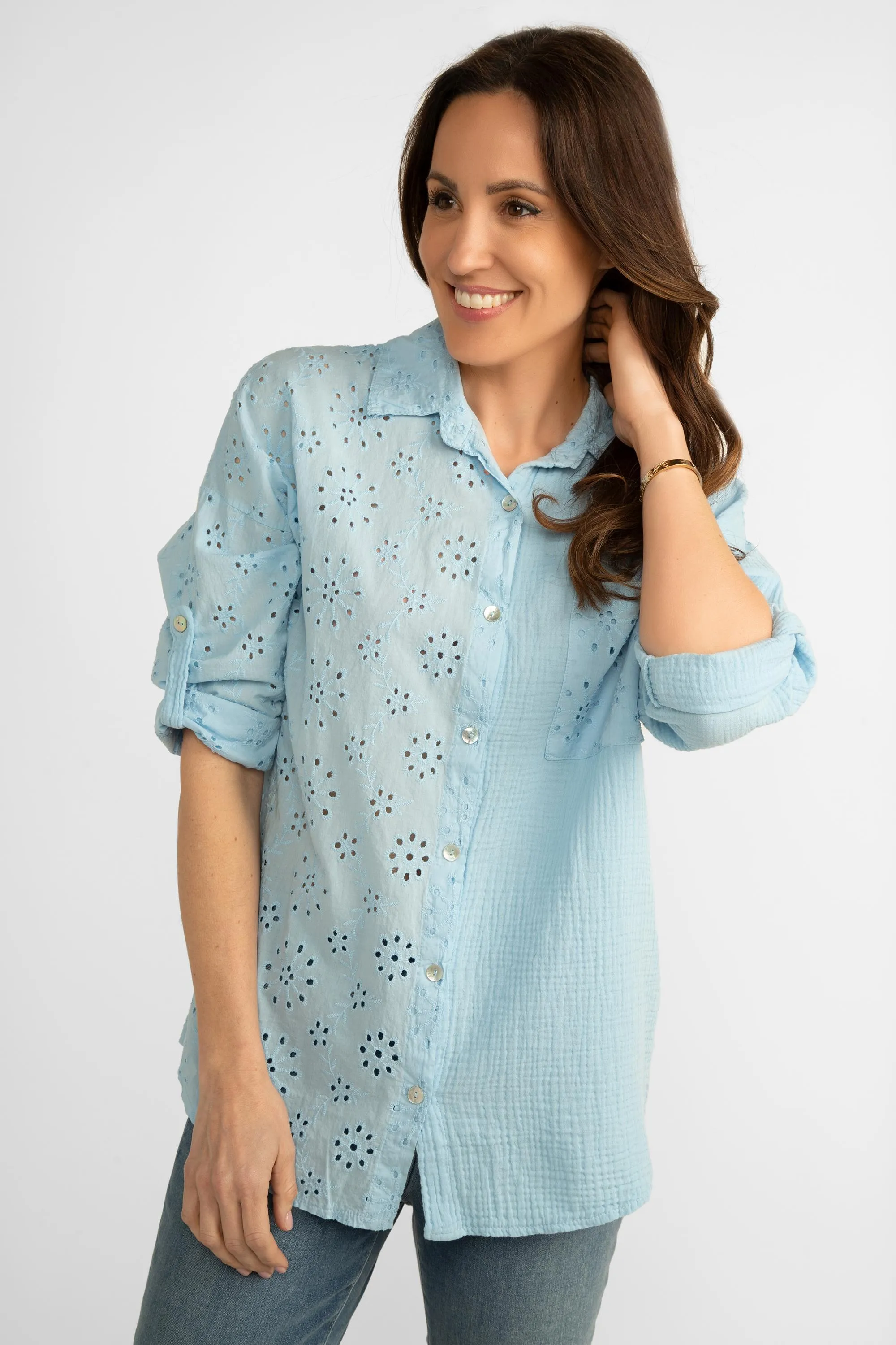 Eyelet Lace & Gauze Top With Roll Tab Sleeves sold by Bellissima product image thumbnail 4