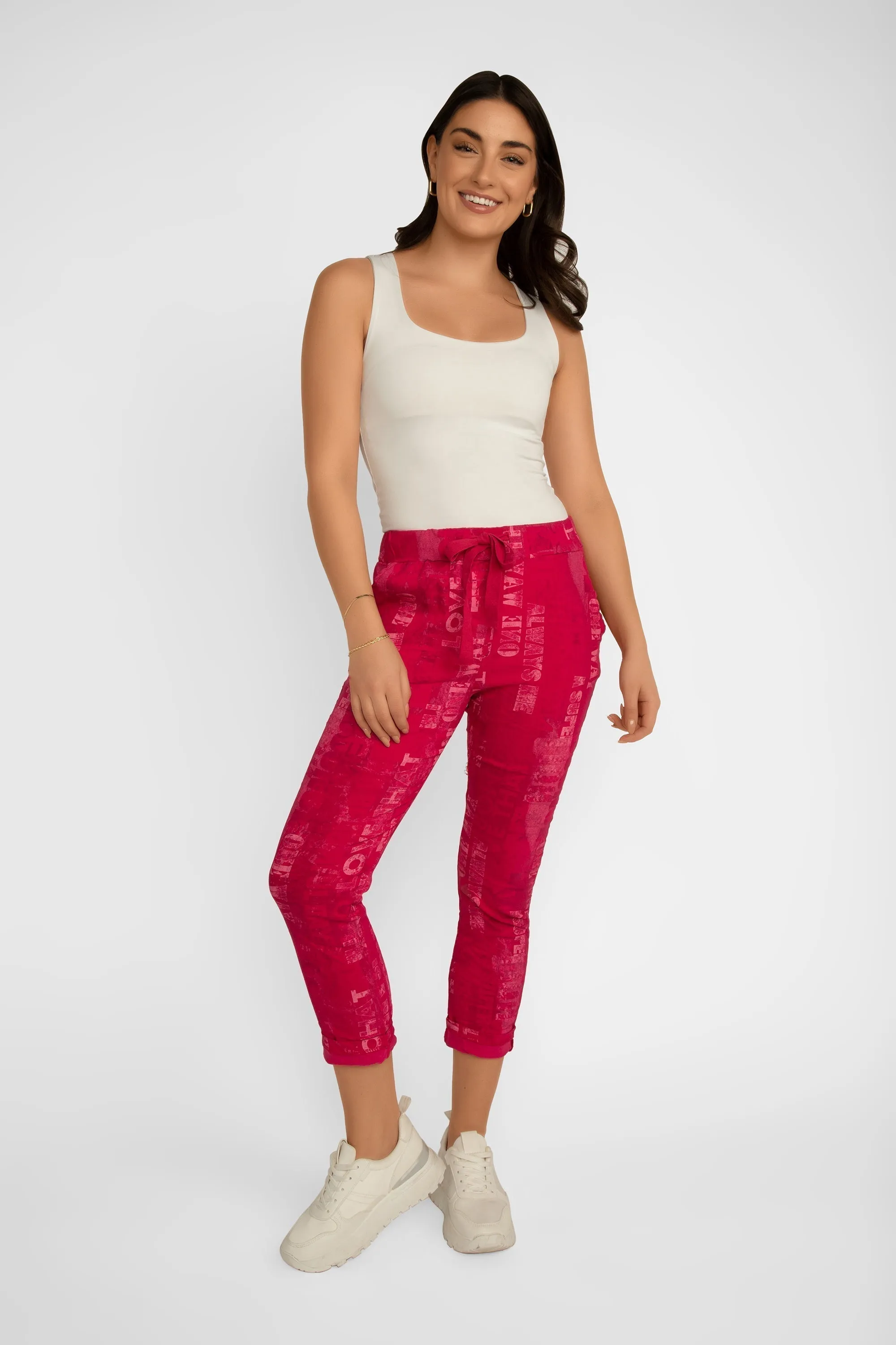 Pink Font Print Crinkle Pants sold by Bellissima