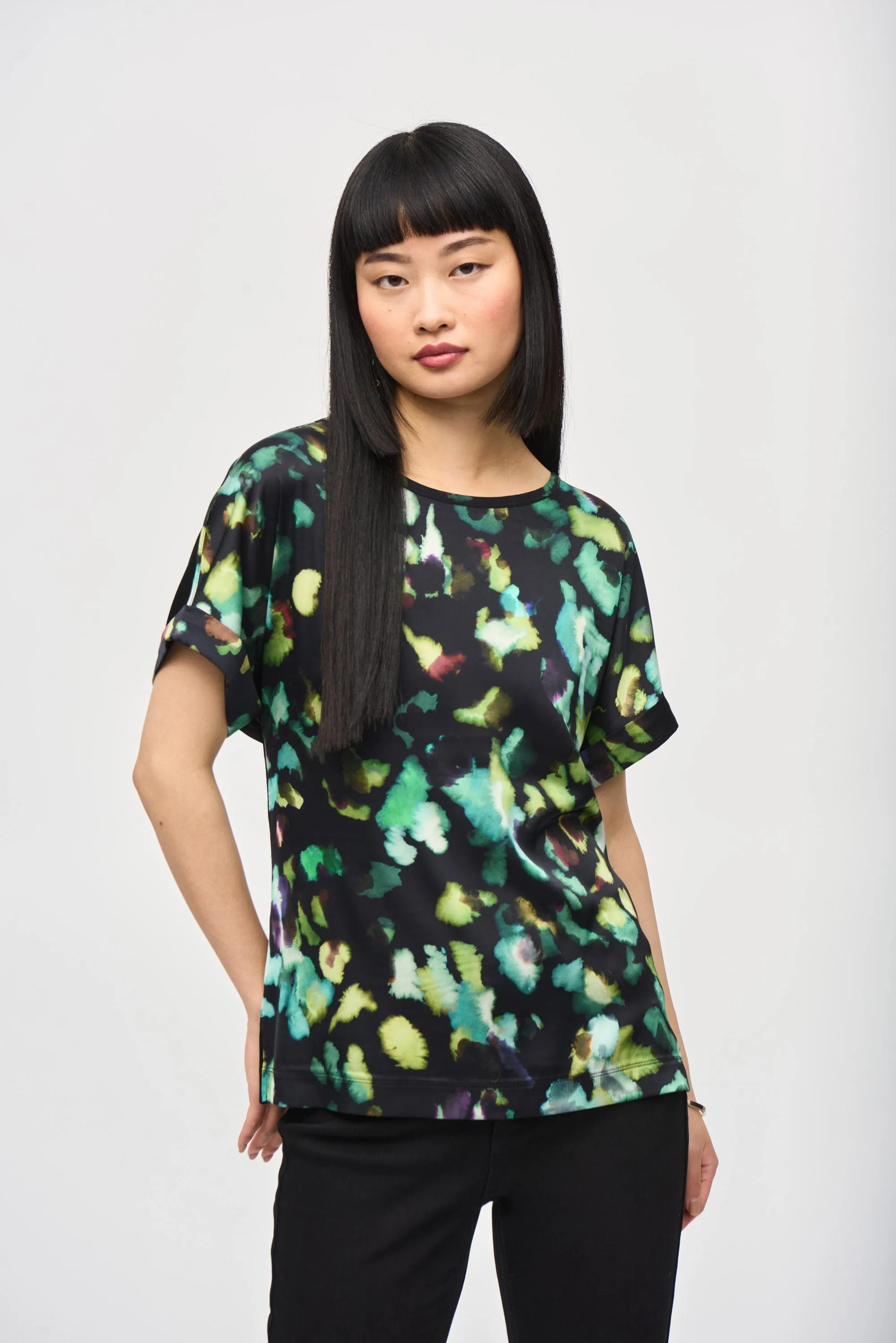Satin Front Abstract Print Short Sleeve Top sold by Bellissima