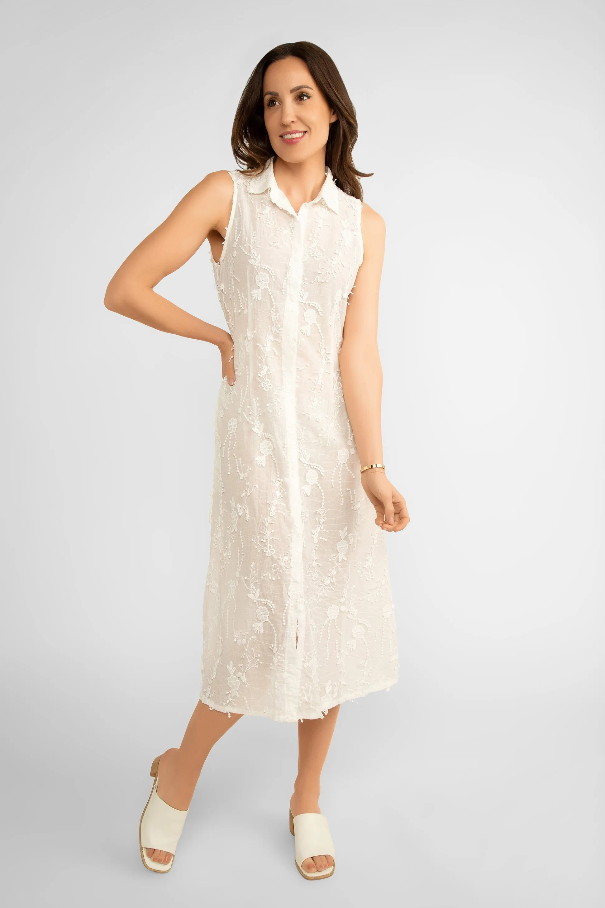Sleeveless White Embroidered Midi Dress With Pockets sold by Bellissima product image thumbnail 3