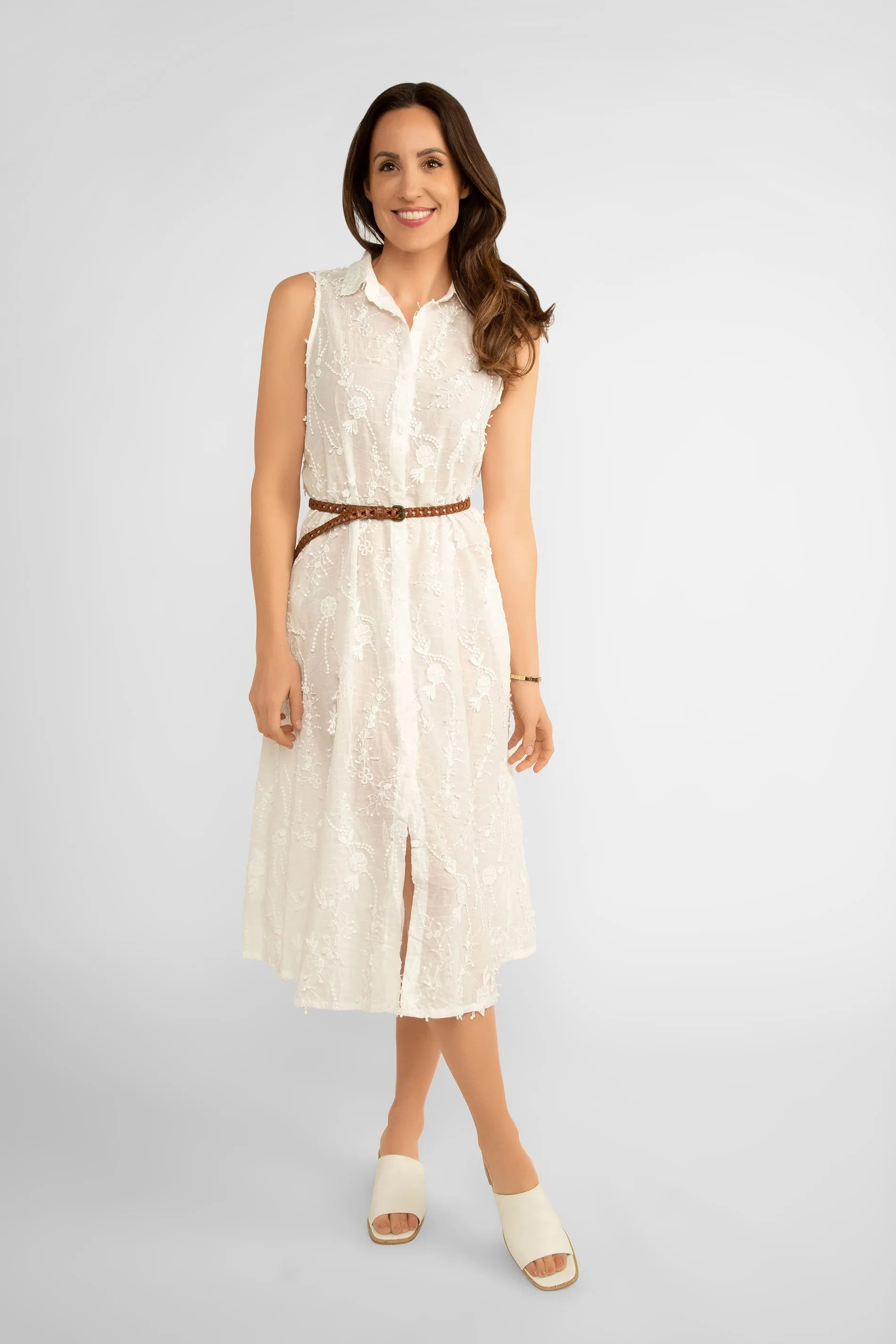 Sleeveless White Embroidered Midi Dress With Pockets sold by Bellissima