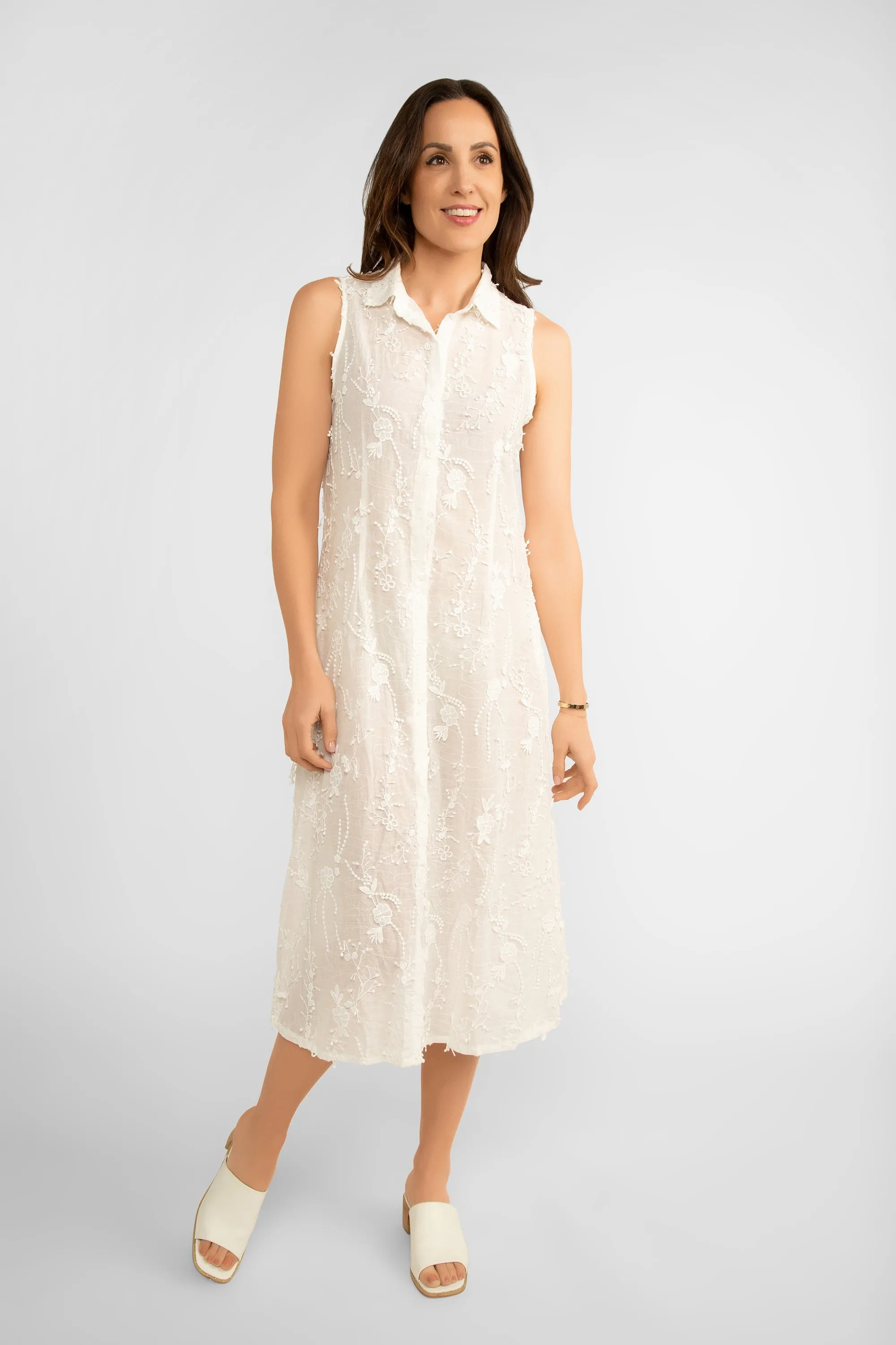 Sleeveless White Embroidered Midi Dress With Pockets sold by Bellissima product image thumbnail 2