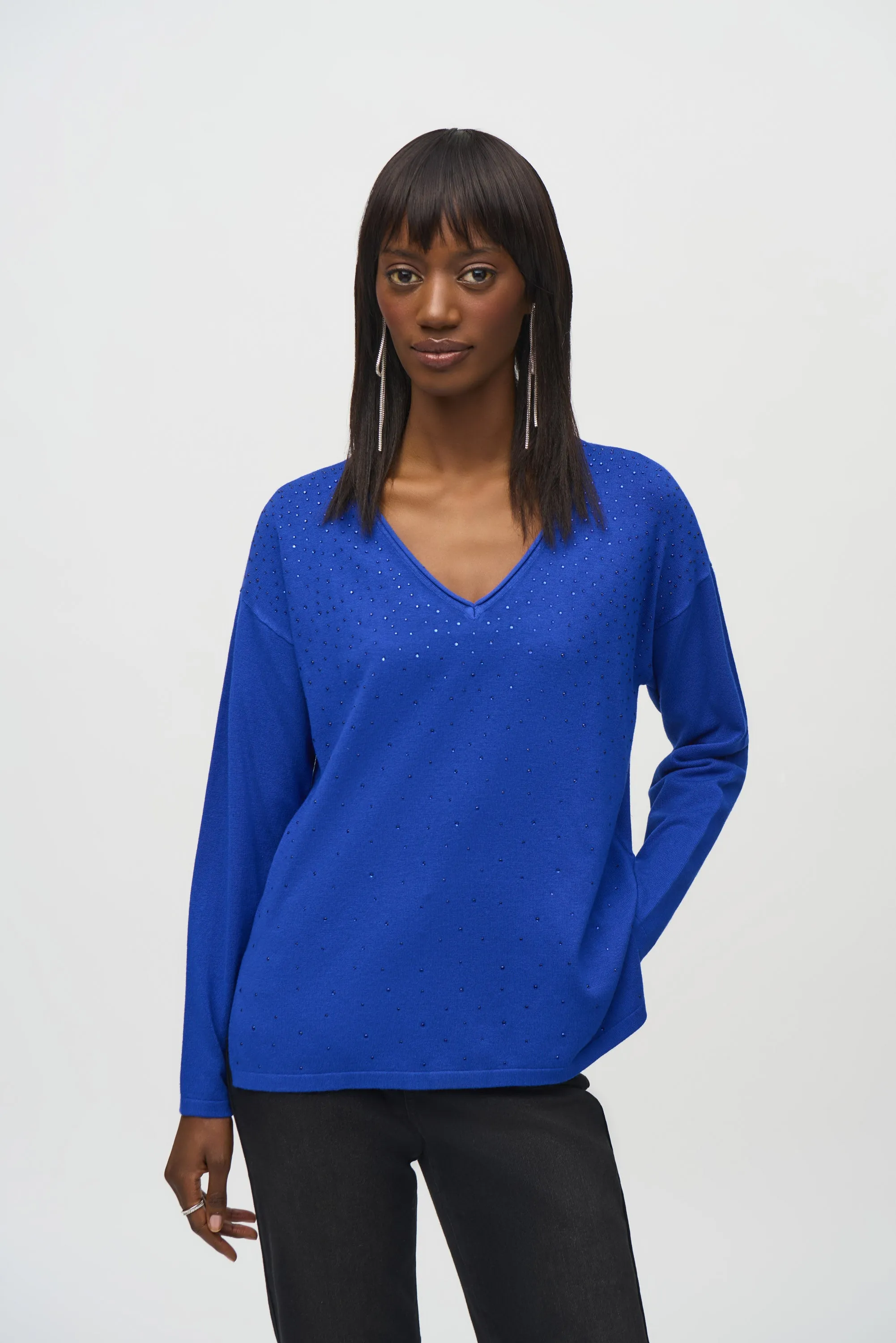 Sweater Knit Rhinestone V-Neck Pullover sold by Bellissima
