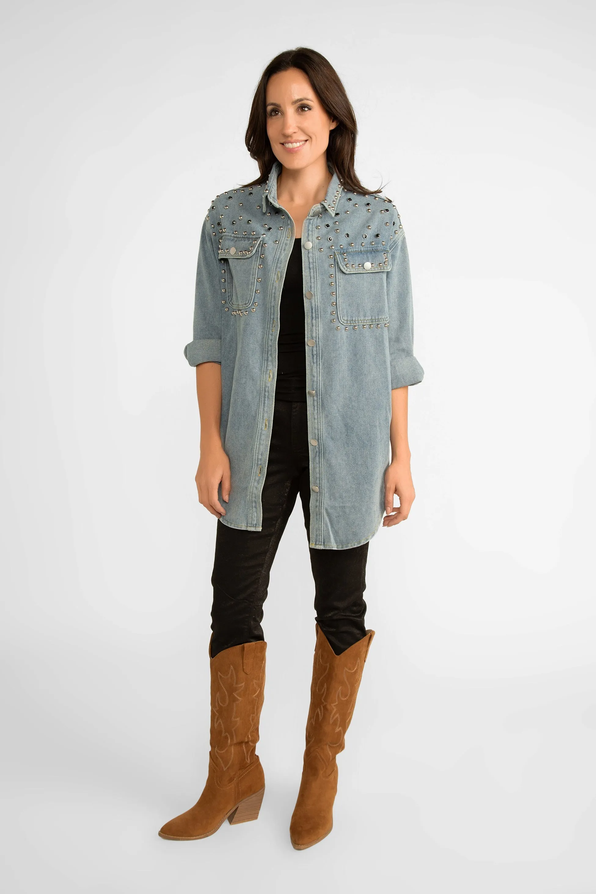 Long Sleeve Beaded Denim Shirt sold by Bellissima product image thumbnail 5