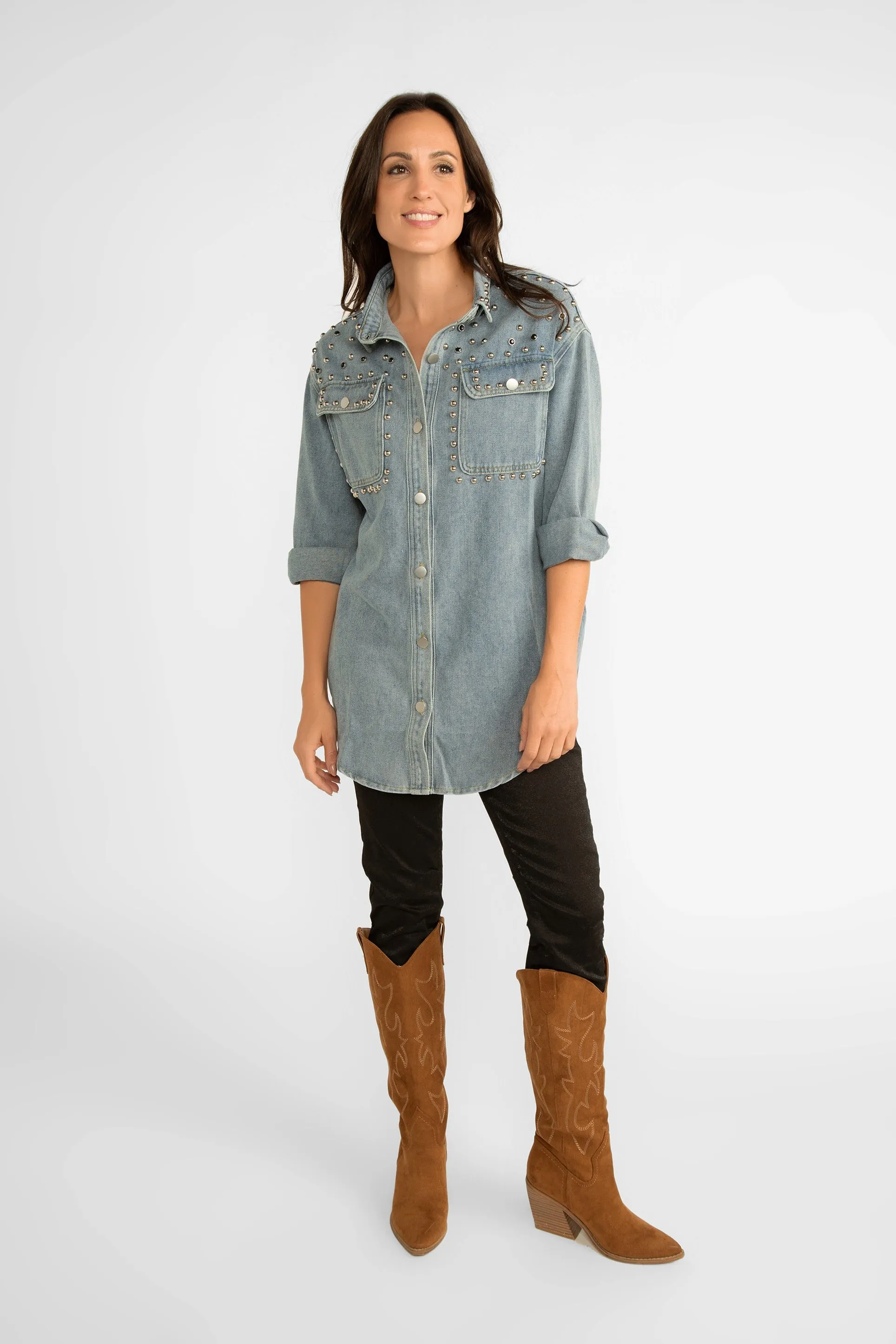 Long Sleeve Beaded Denim Shirt sold by Bellissima product image thumbnail 2