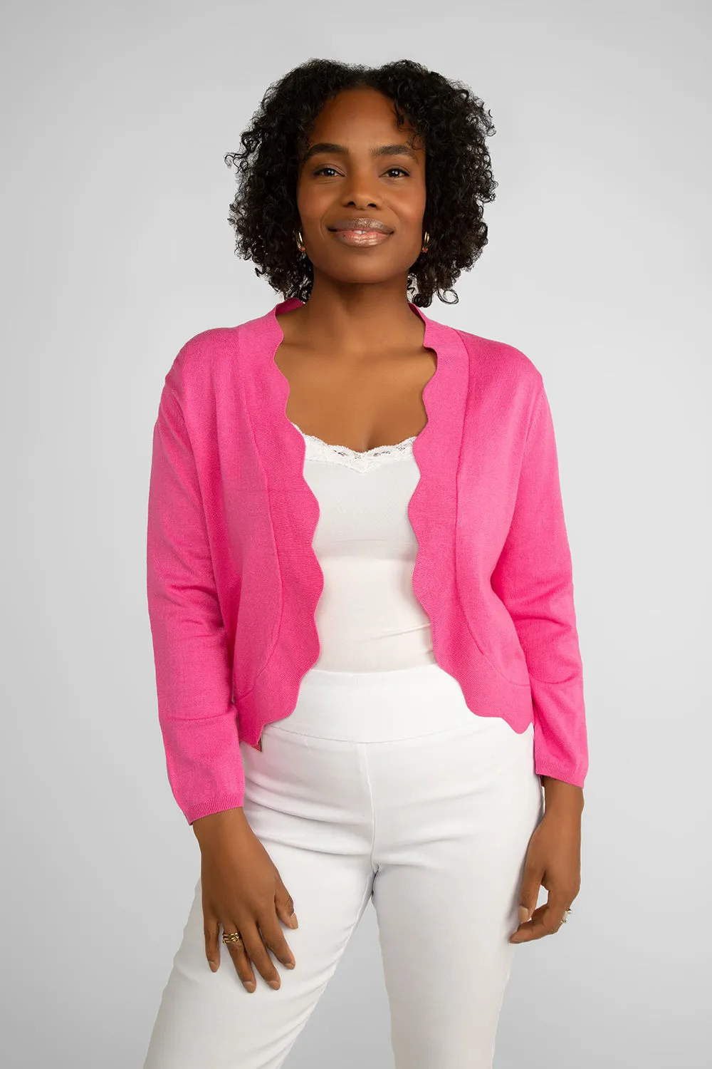 Scalloped Edge Open-Front Cardigan sold by Bellissima