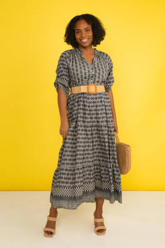 Navy Tiered Shirt Dress With Belt sold by Bellissima