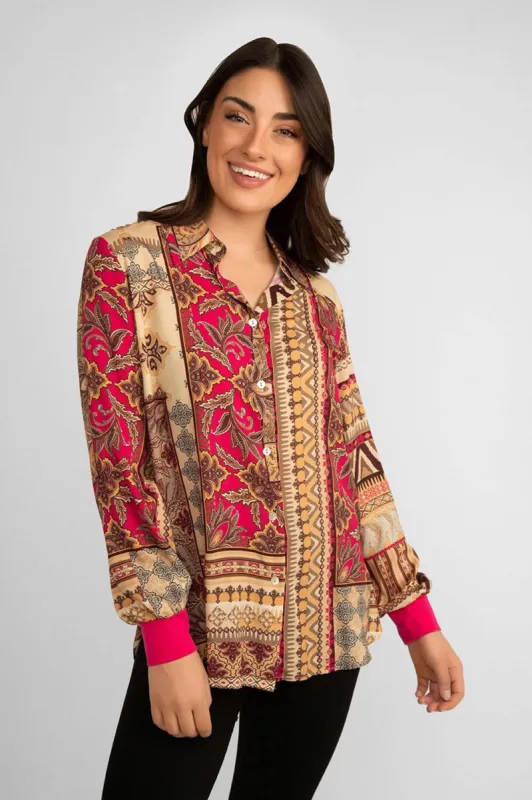 Patchwork Print Button Up Blouse sold by Bellissima