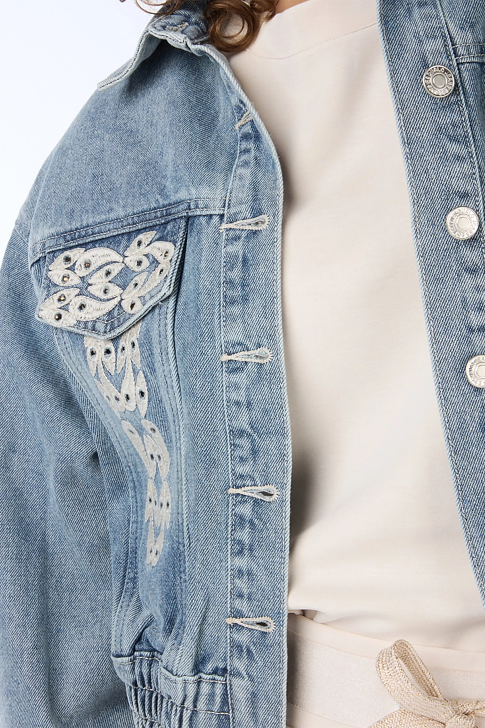 Cropped Blue Jean Jacket With Embroidery sold by Bellissima product image thumbnail 3