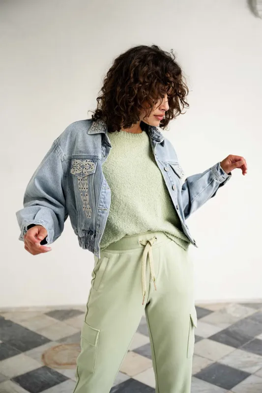 Cropped Blue Jean Jacket With Embroidery sold by Bellissima