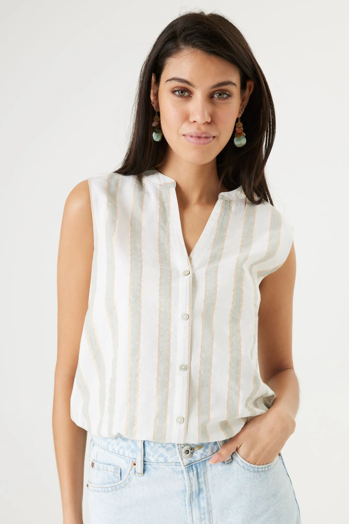 Sleeveless Button Up Stripe Blouse With Lurex sold by Bellissima