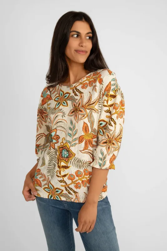 Elbow Sleeve Retro Orange Printed Top sold by Bellissima