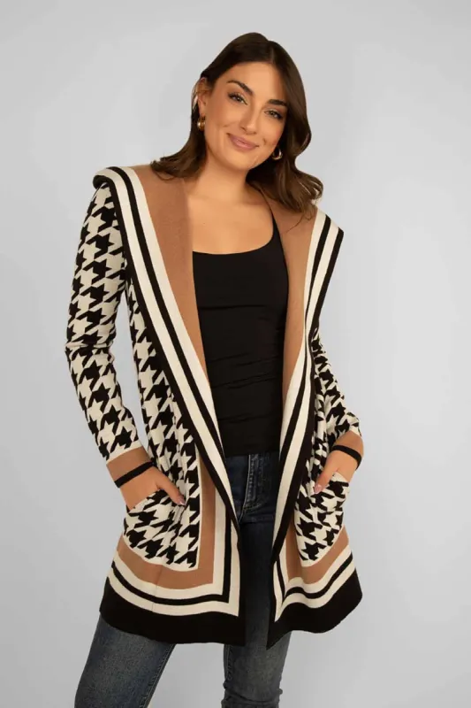 Long Houndstooth Hooded Cardigan sold by Bellissima