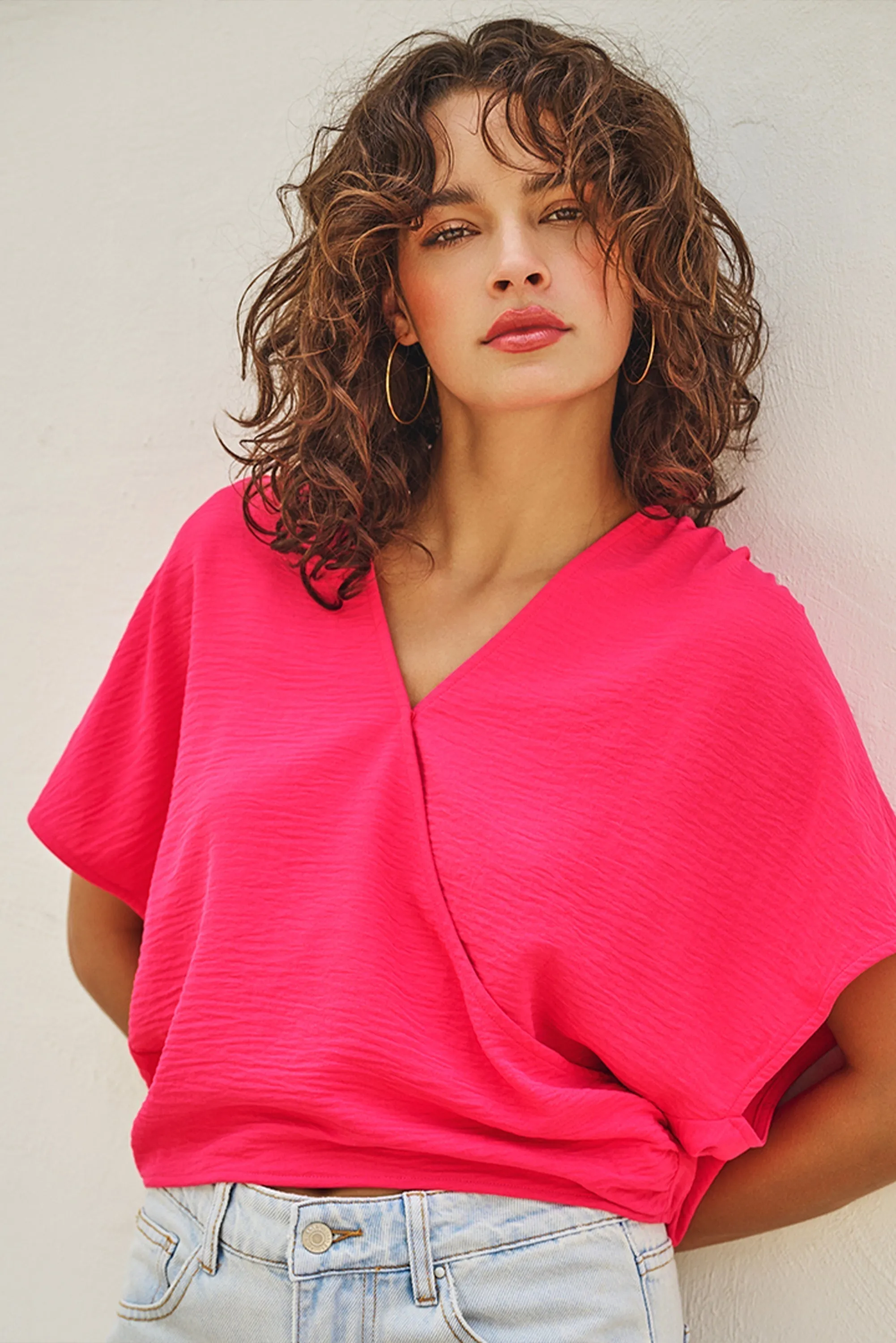 Short Sleeve Crinkle Fabric Wrap Blouse sold by Bellissima