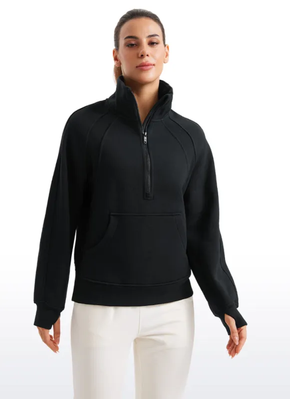 Fleece Lined Half Zip Hip-Length Hoodies Funnel Neck with Thumb Holes sold by CRZ Yoga