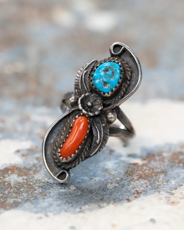 Sterling Silver Navajo Coral/Turquoise Ring made by Steel City