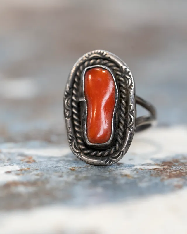 Sterling Silver Navajo Coral Ring made by Steel City