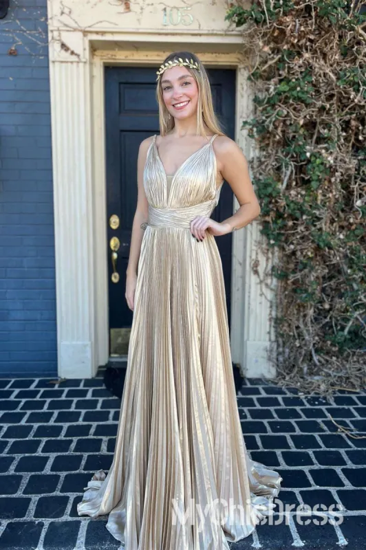 A-line Long Metallic Prom Dress Pleated Formal Gowns sold by My Chic Dress