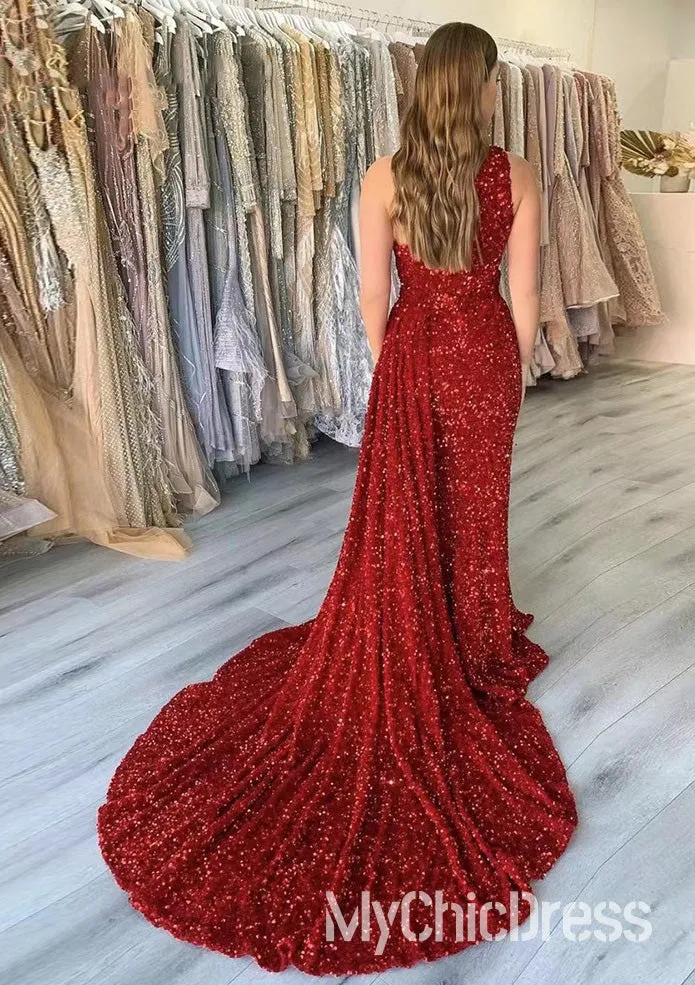 Hot Mermaid One Shoulder Red Prom Dresses Sequin Train sold by My Chic Dress product image thumbnail 2