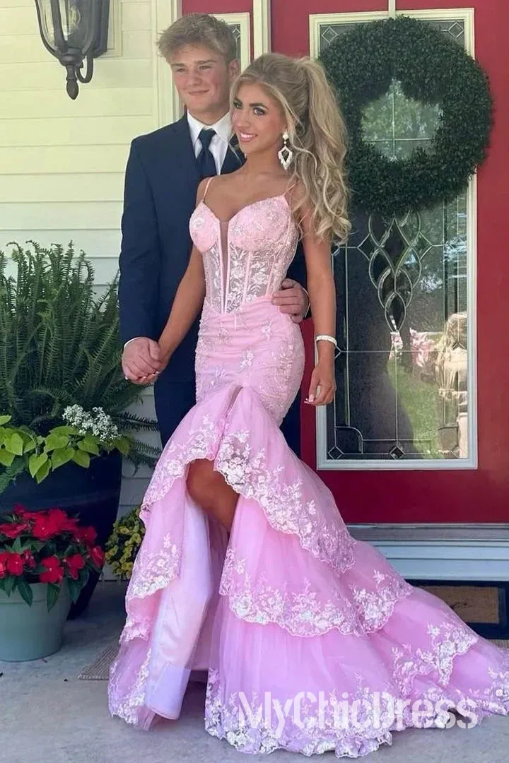 New Pink Tiered Lace Applique Prom Dresses V-Neck Mermaid sold by My Chic Dress