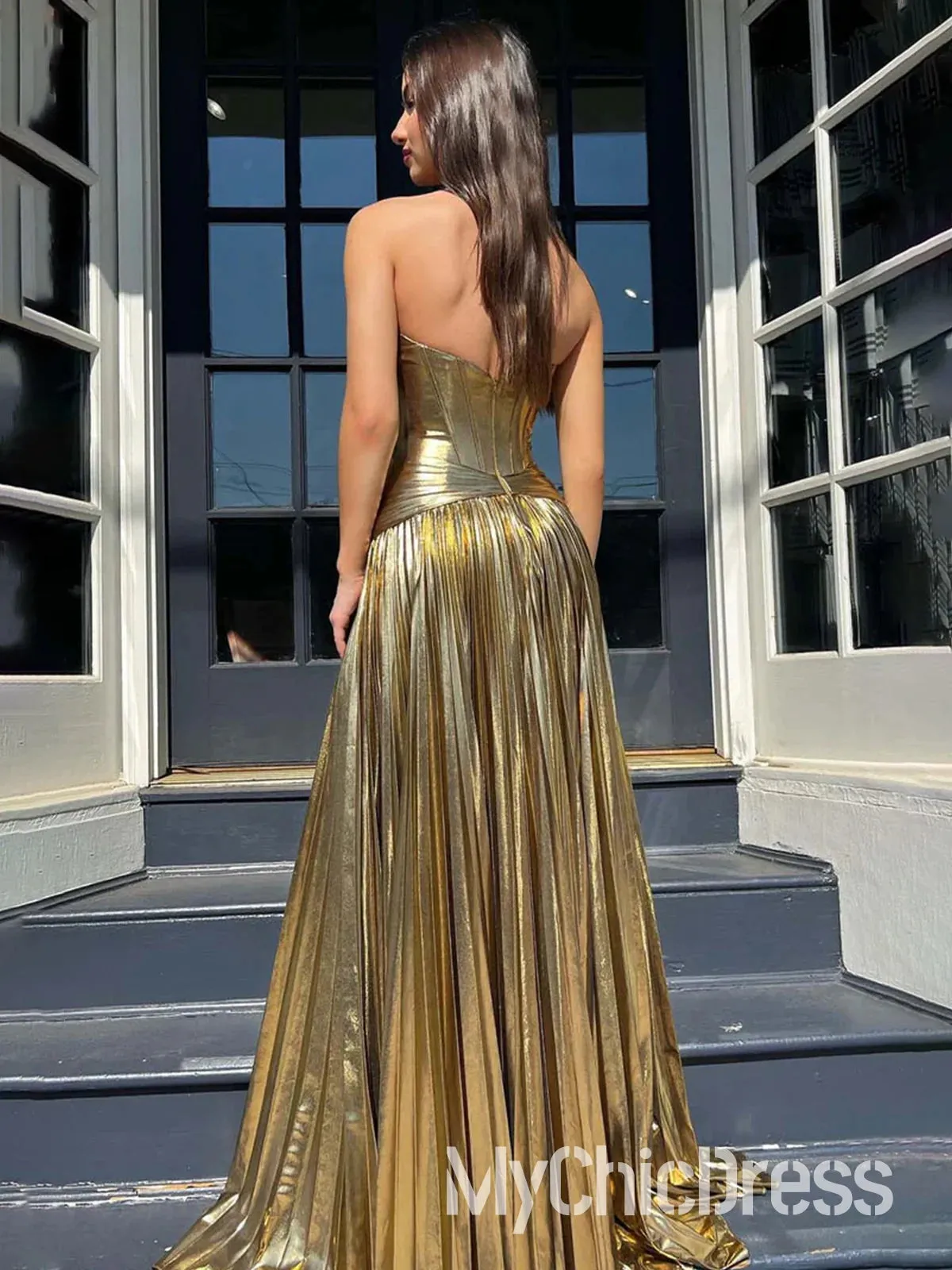 New Gold Metallic Prom Dresses Pleated Strapless Long Formal Dress sold by My Chic Dress product image thumbnail 2