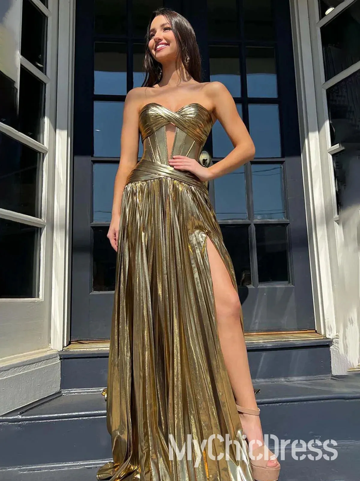 New Gold Metallic Prom Dresses Pleated Strapless Long Formal Dress sold by My Chic Dress