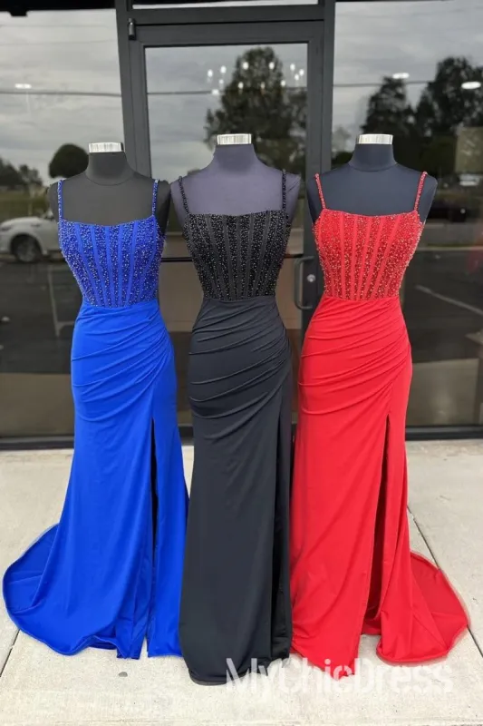 Black Straps Beaded Evening Dress Pleated Satin with Slit sold by My Chic Dress