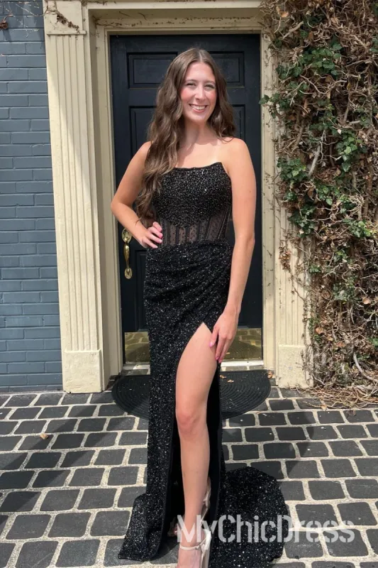Black Sequins Prom Dress Strapless Mermaid Evening Gown Long with Slit sold by My Chic Dress