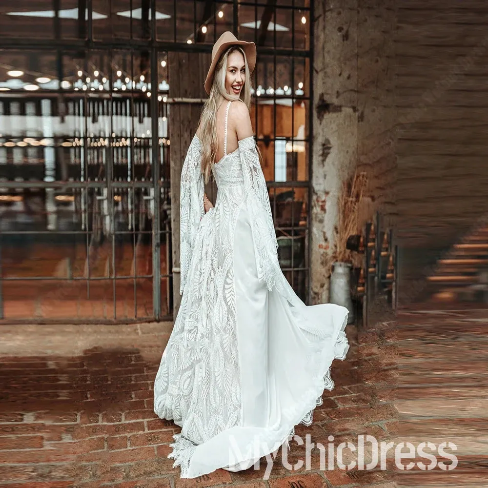Customized Halter Boho White Ethereal Wedding Dresses Lace Mermaid sold by My Chic Dress product image thumbnail 2