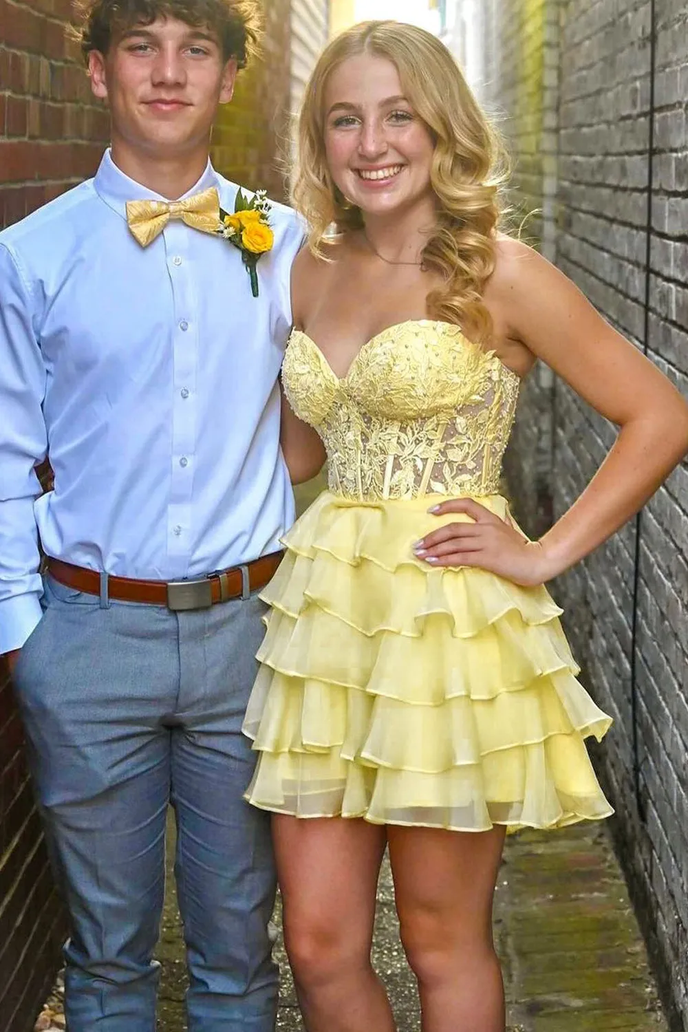 A Line Tiered Yellow Short Prom Dress Sweetheart Ruffles sold by My Chic Dress