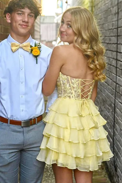 A Line Tiered Yellow Short Prom Dress Sweetheart Ruffles sold by My Chic Dress product image thumbnail 2