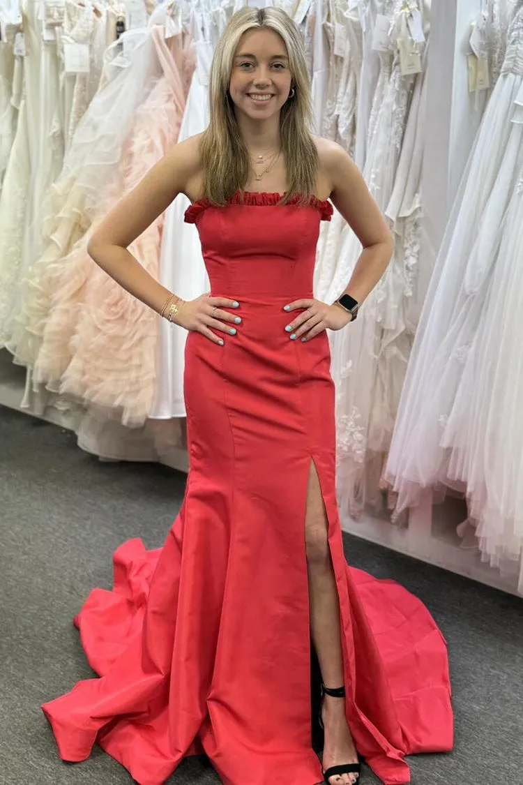 Long Strapless Red Satin Dress for Prom 2025 Mermaid with Slit sold by My Chic Dress