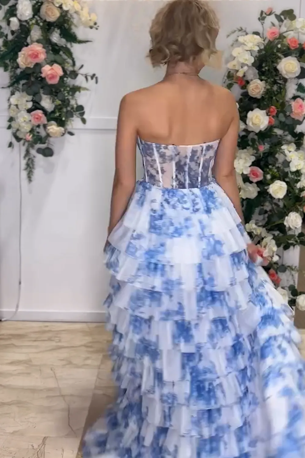 A-Line Blue Floral Prom Dresses 2025 Tiered Corset Printed Sweetheart sold by My Chic Dress product image thumbnail 2