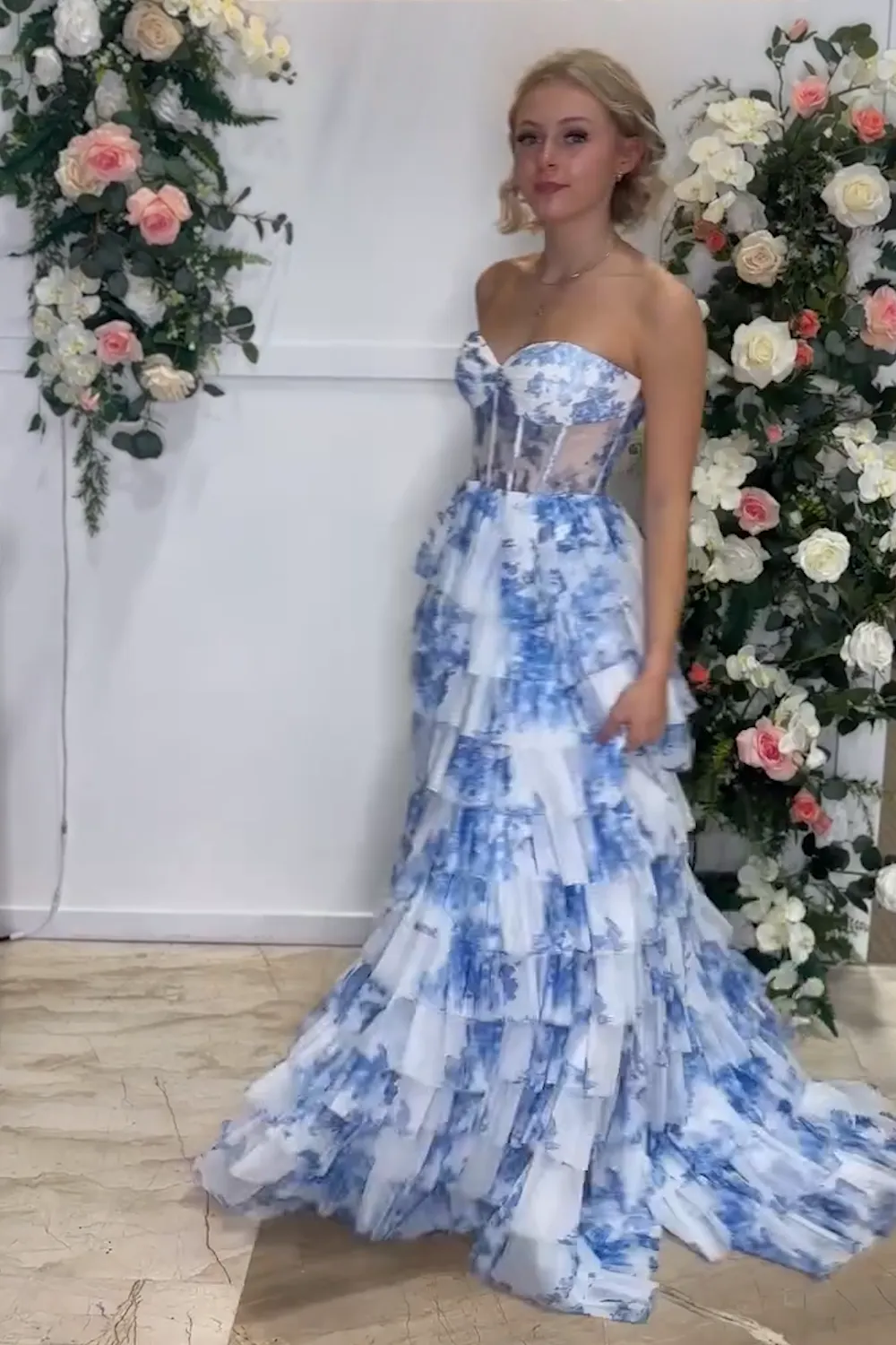 A-Line Blue Floral Prom Dresses 2025 Tiered Corset Printed Sweetheart sold by My Chic Dress product image thumbnail 3
